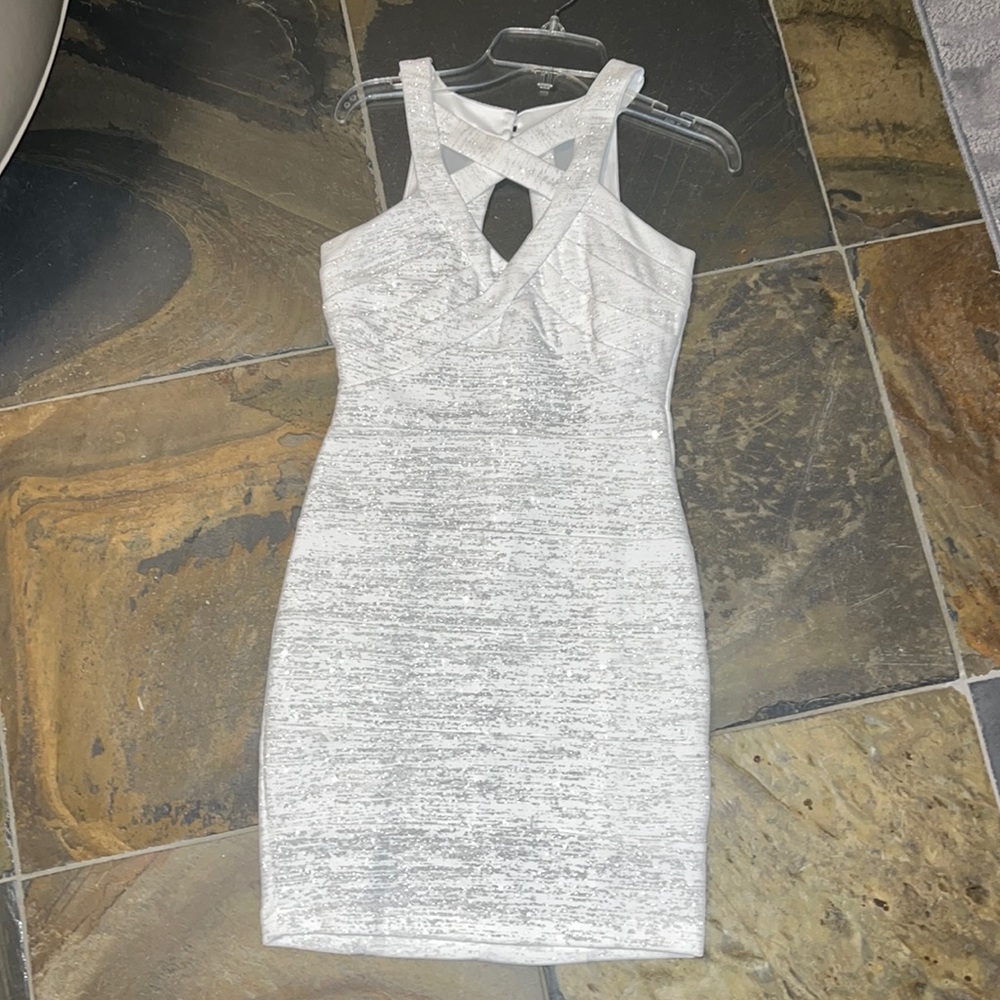 White bodycon dress with silver details